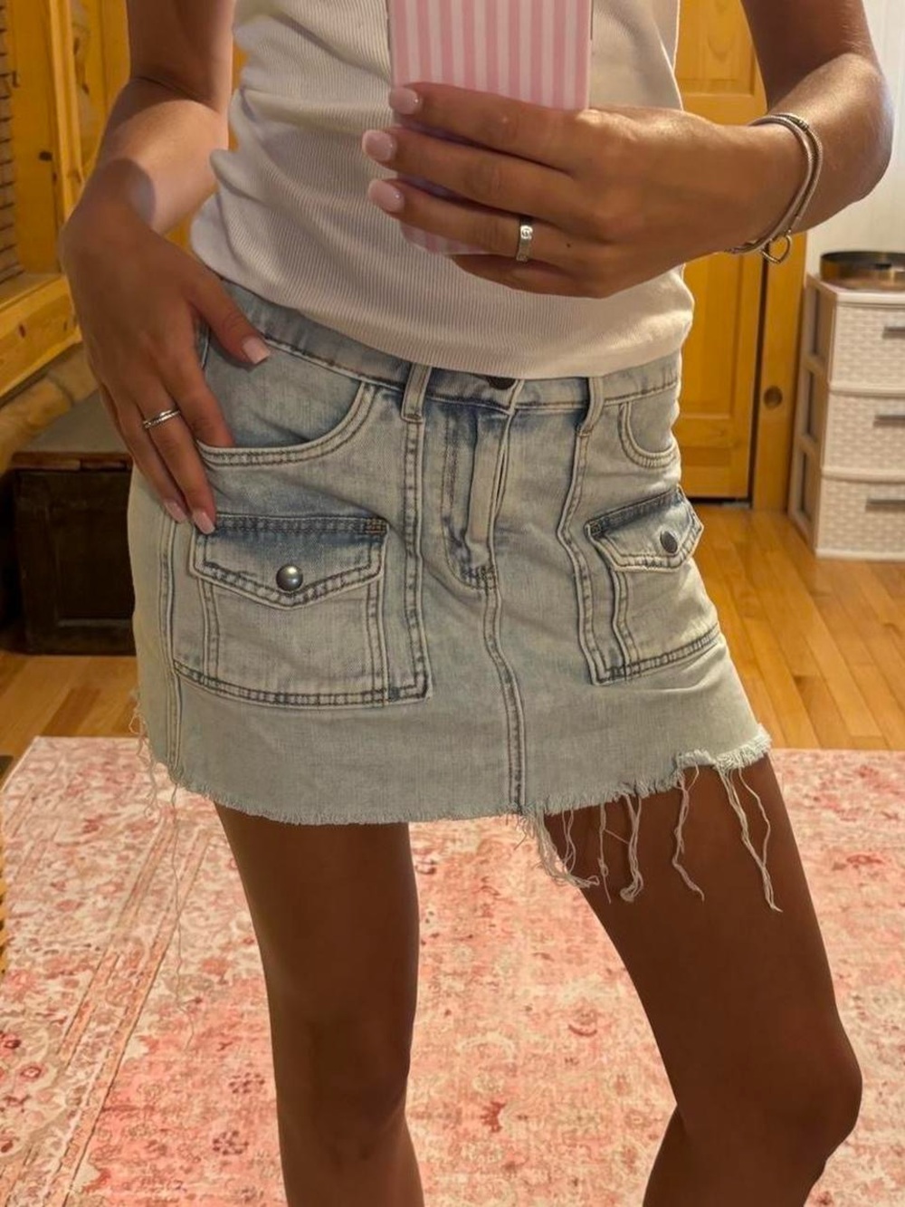 aerie Light Blue Washed Denim Mini Skirt with Front Flap Pockets